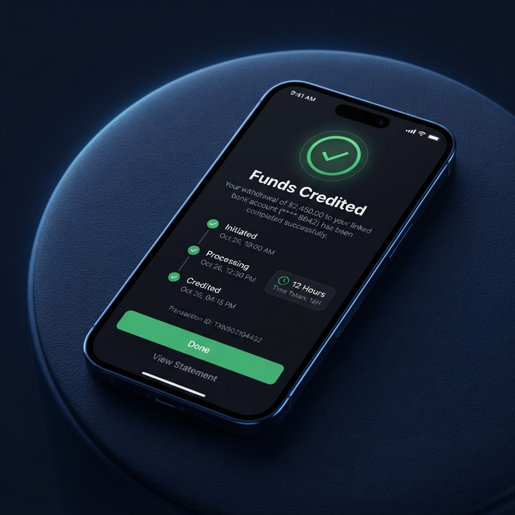 Phone screen showing a withdrawal success confirmation with a 12-hour timeline and Funds Credited message