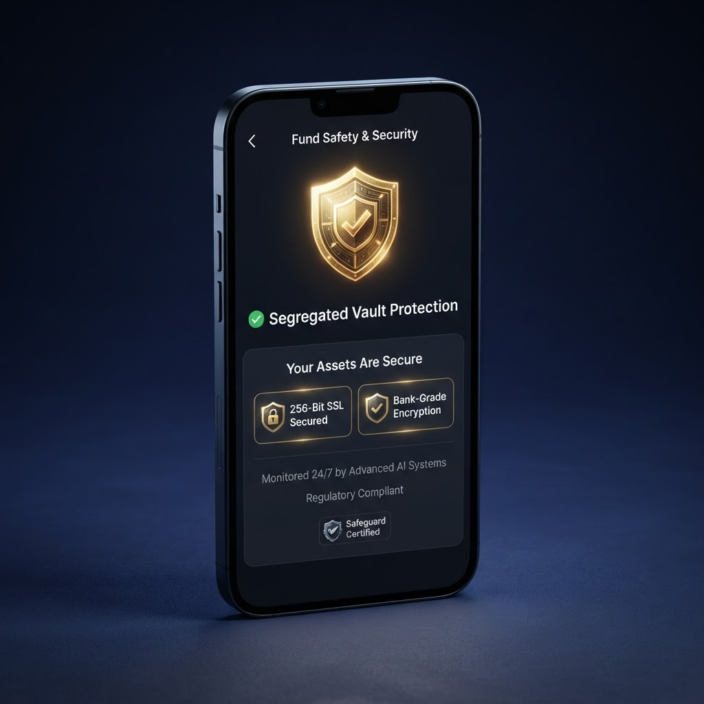 Phone screen showing a gold shield, Segregated Vault Protection checkmark, and 256-Bit SSL Secured security badges
