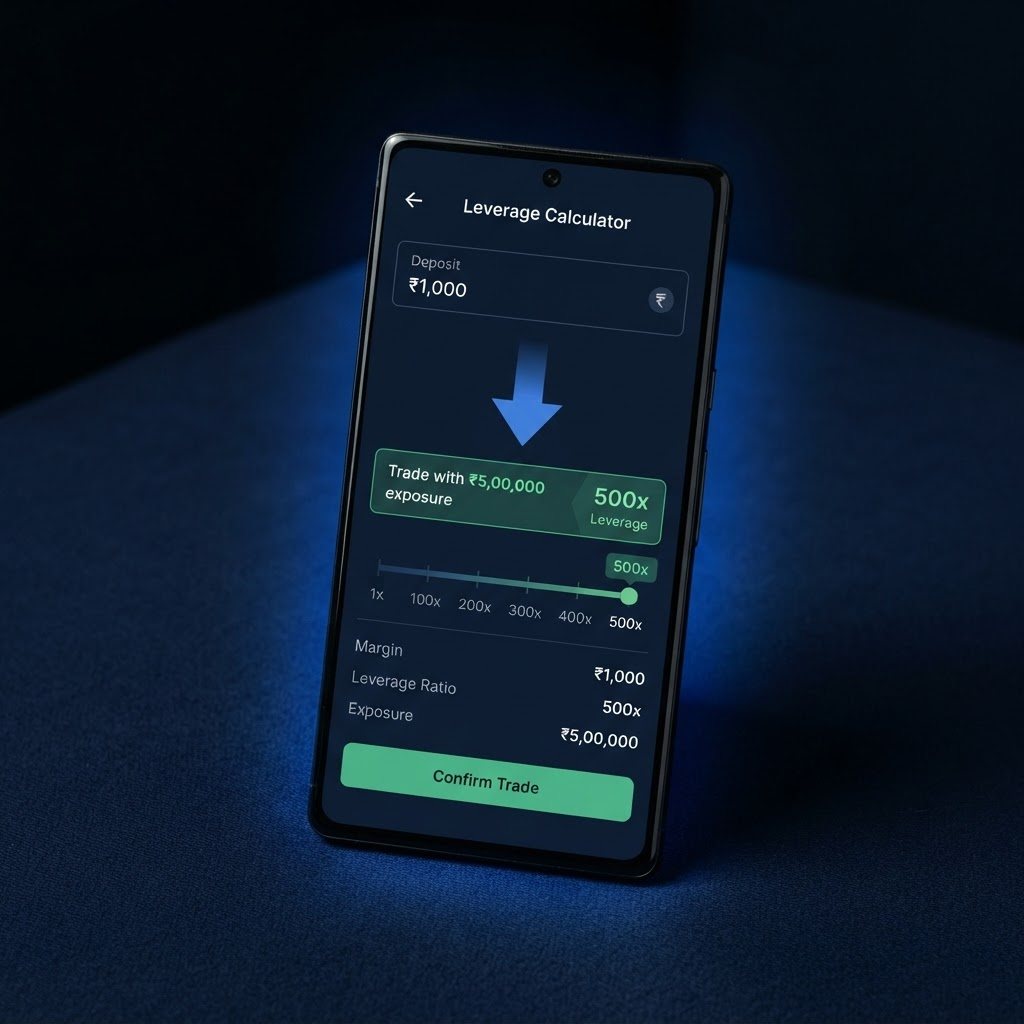 Leverage calculator screen showing a 1,000 rupee deposit turning into 5,00,000 rupee trading exposure at 500x leverage
