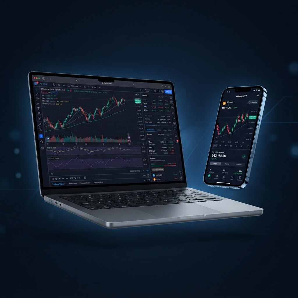 Professional stock trading charts displayed on a laptop and a mobile phone